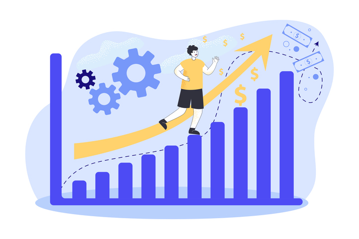 Man running up rising price or income graph vector illustration.